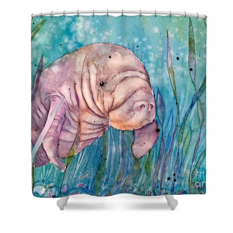 Manatee Shower Curtain featuring the painting Manatee in the sea grass by Midge Pippel
