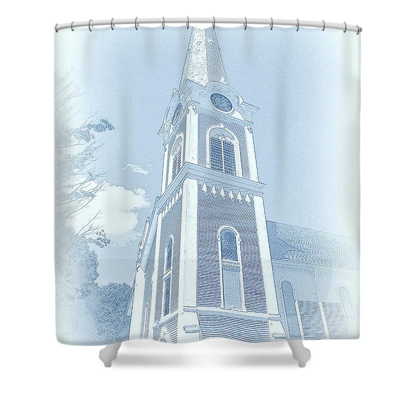 Spire Shower Curtain featuring the mixed media Manchester VT Church by Susan Lafleur