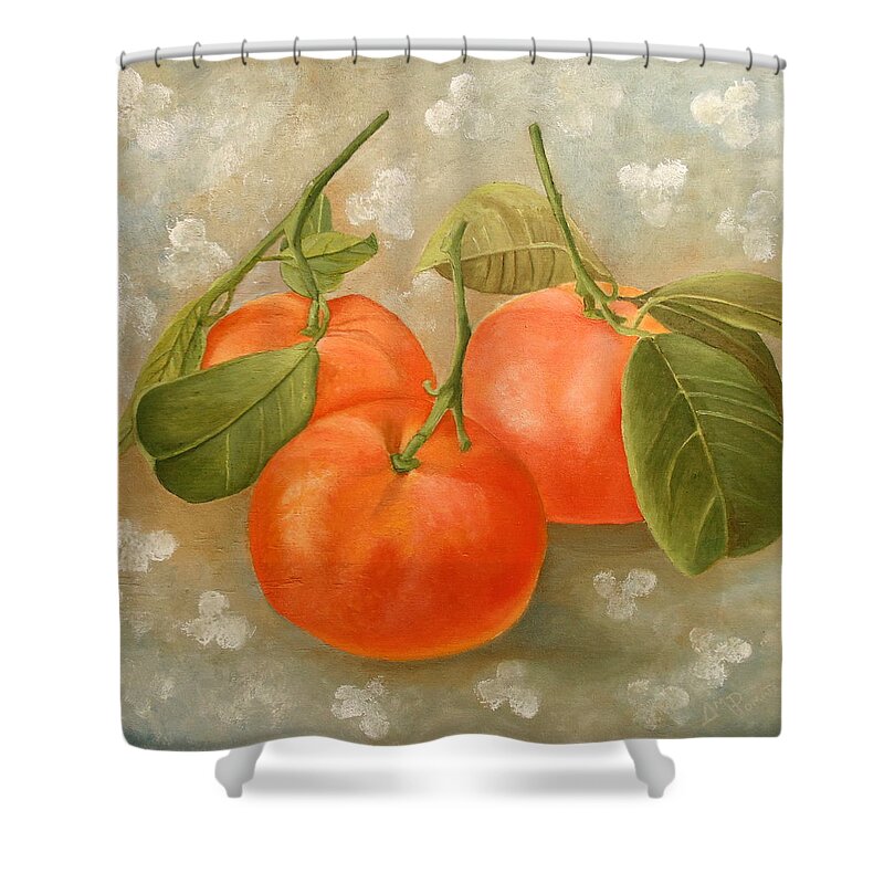 Mandarin Shower Curtain featuring the painting Mandarins by Angeles M Pomata