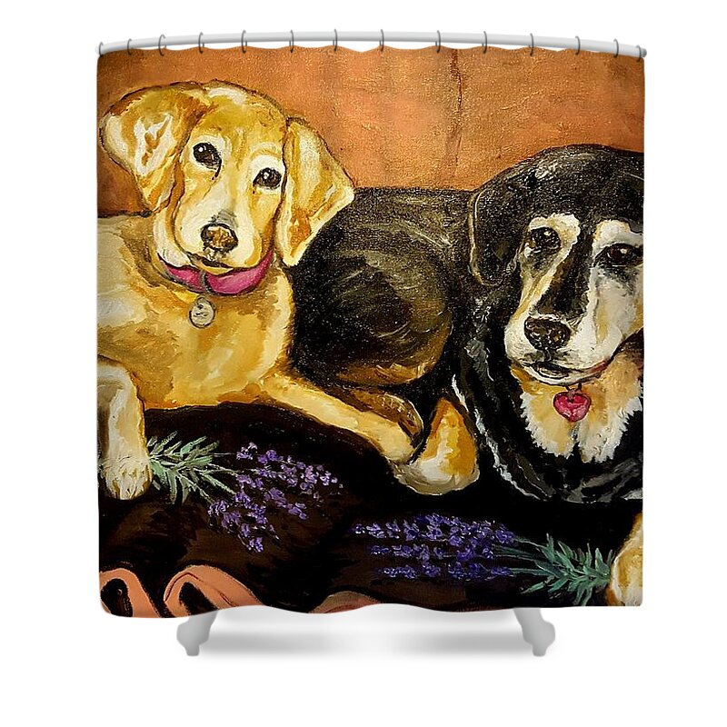 Dogs Shower Curtain featuring the painting Mandys Girls by Alexandria Weaselwise Busen