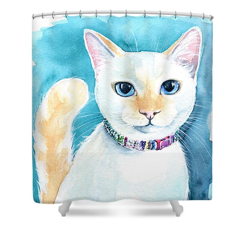 Cat Shower Curtain featuring the painting Mango - Flame Point Siamese Cat Painting by Dora Hathazi Mendes