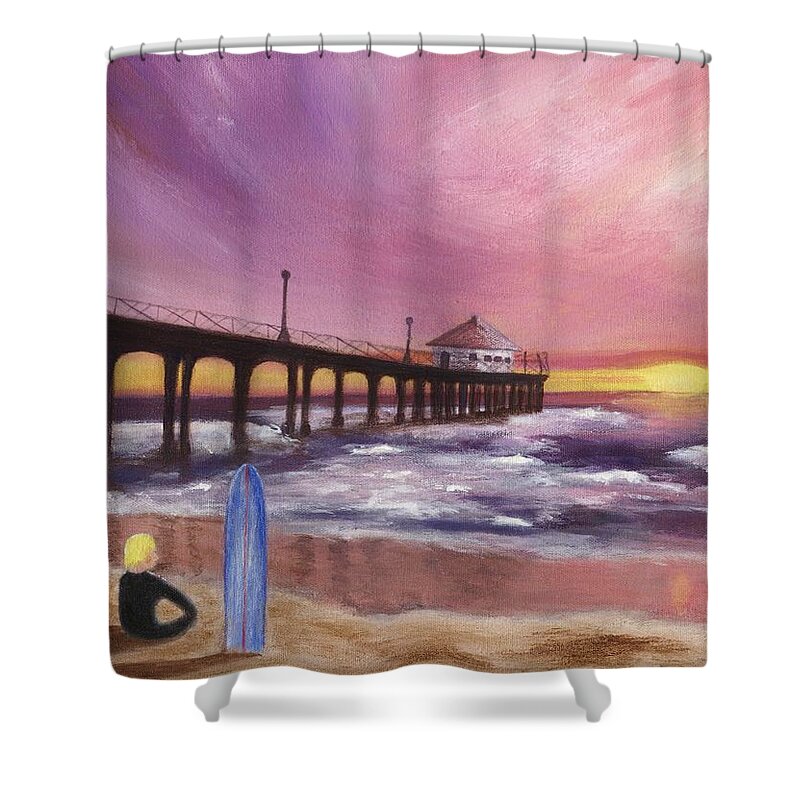 Manhattan Beach Shower Curtain featuring the painting Manhattan Beach Pier by Jamie Frier