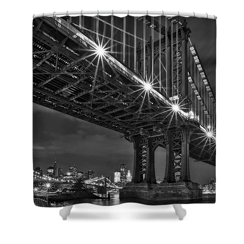 Manhattan Bridge Shower Curtain featuring the photograph Manhattan Bridge Frames The Brooklyn Bridge by Susan Candelario