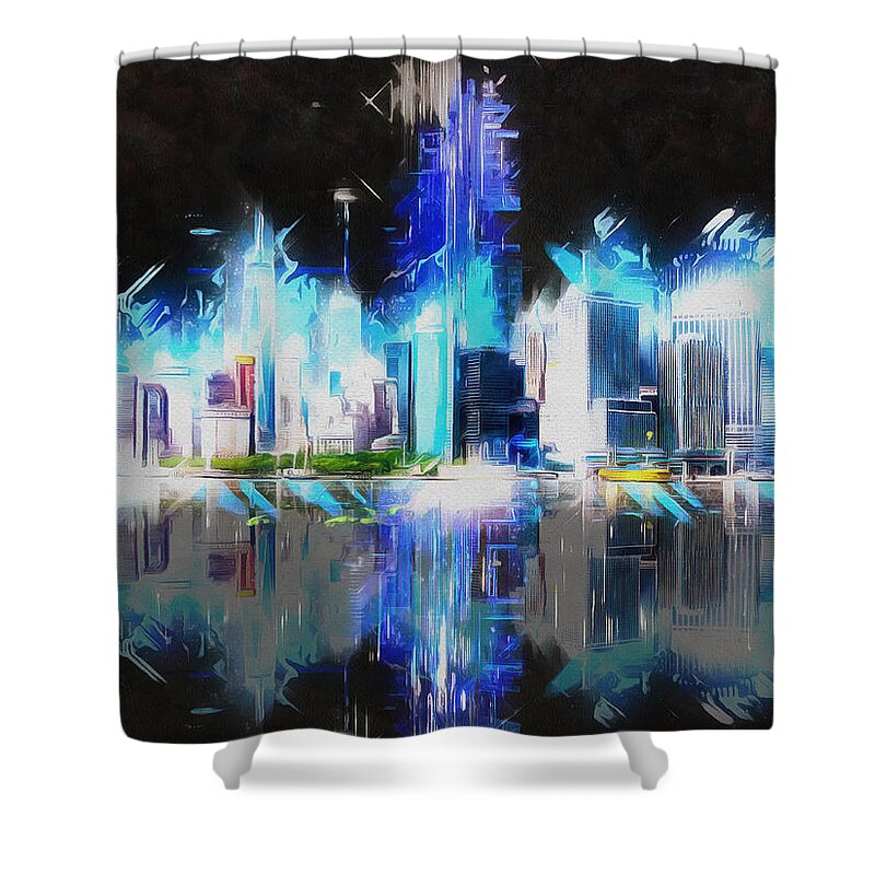 Manhattan Shower Curtain featuring the painting Manhattan Downtown Lights by Kai Saarto