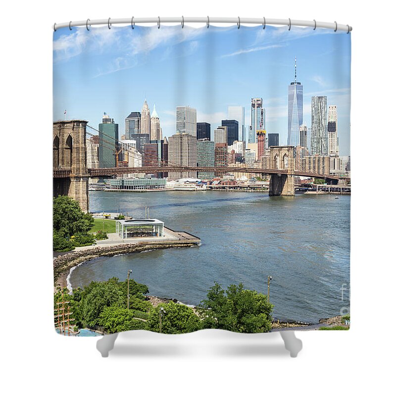 America Shower Curtain featuring the photograph Manhattan financial district and the Brooklyn bridge. by Didier Marti