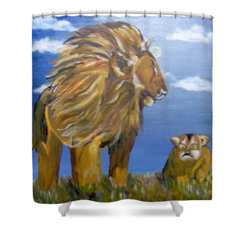 Lion Shower Curtain featuring the painting Manhood Training by Saundra Johnson