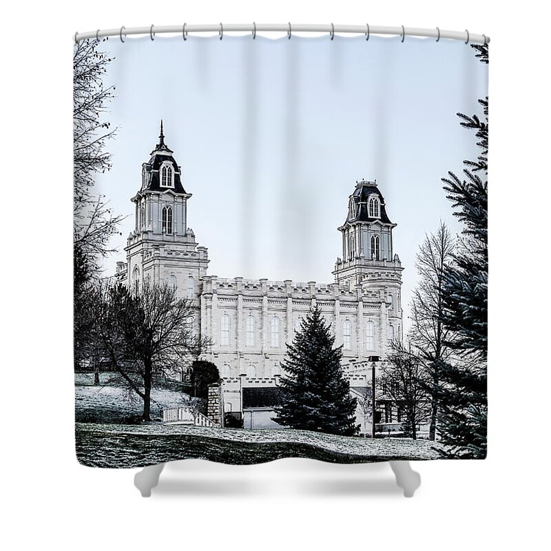 Blue Sky Shower Curtain featuring the digital art Manti Temple on Thanksgiving Morning - Stylized by K Bradley Washburn