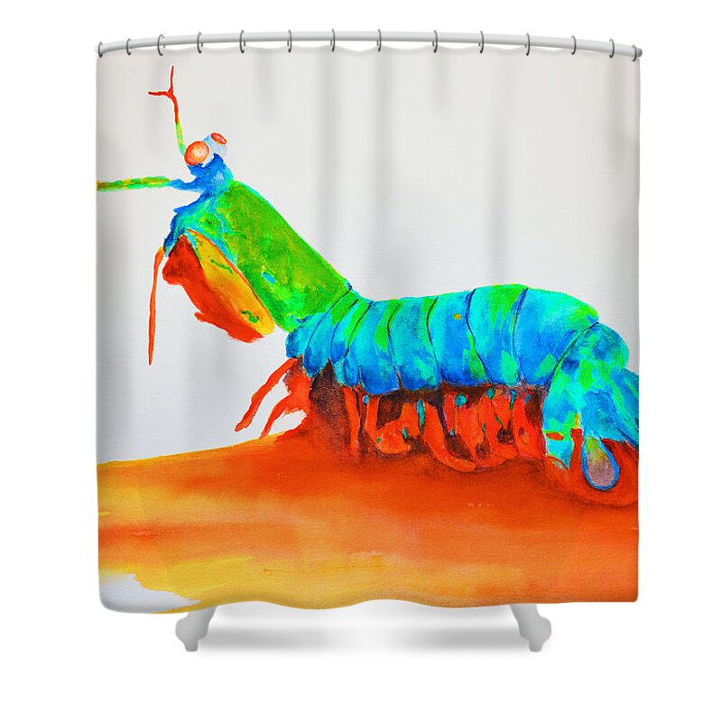 Blue Shower Curtain featuring the painting Mantis Shrimp by Ken Figurski