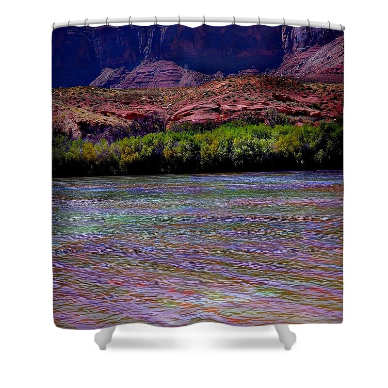 Reflections Of Many Colors In Colorado River Near Onion Creek Utah Shower Curtain featuring the digital art Many colors in Colorado River by Annie Gibbons