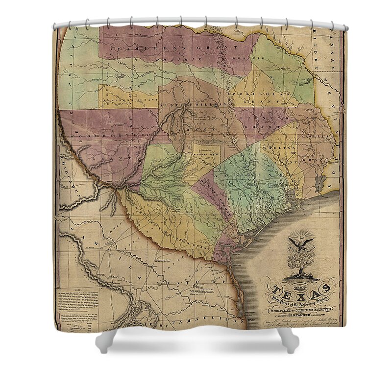 Texas Shower Curtain featuring the digital art Map of Texas with Parts of Adjoining States by Stephen F. Austin, 1837 by Texas Map Store