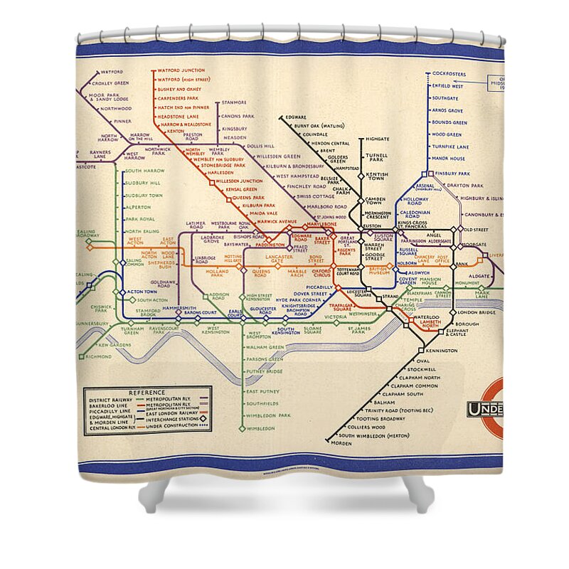 Map Of The London Underground Shower Curtain featuring the drawing Map of the London Underground - London Metro - 1933 - Historical Map by Studio Grafiikka