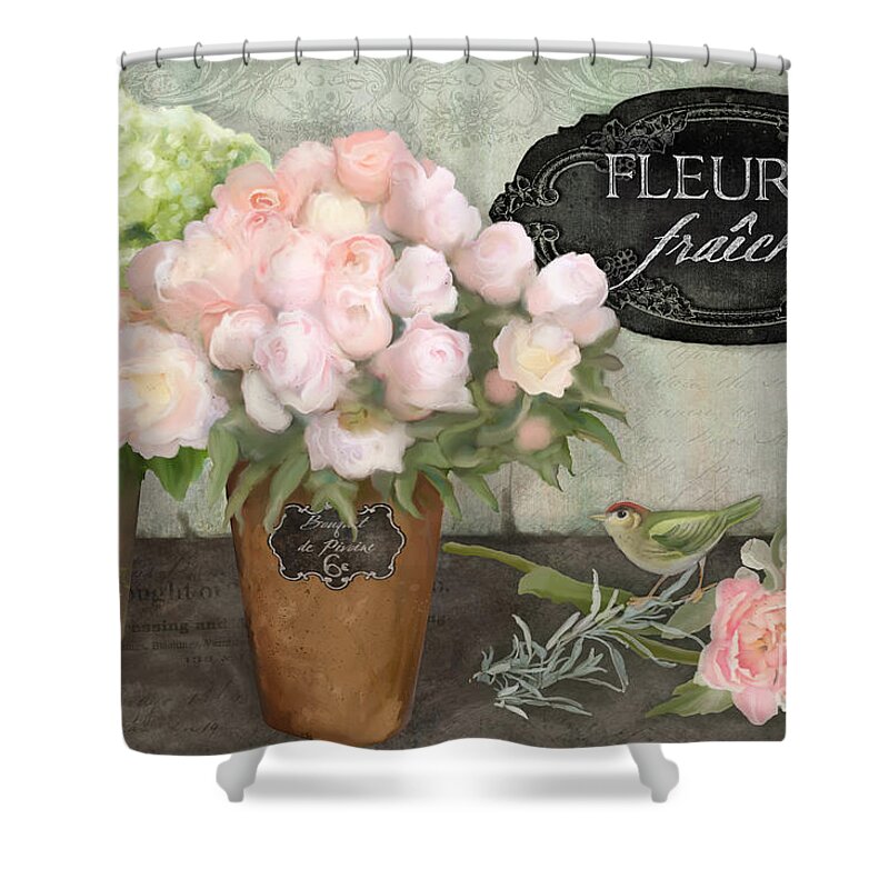 French Flower Market Shower Curtain featuring the painting Marche aux Fleurs 2 - Peonies n Hydrangeas w Bird by Audrey Jeanne Roberts