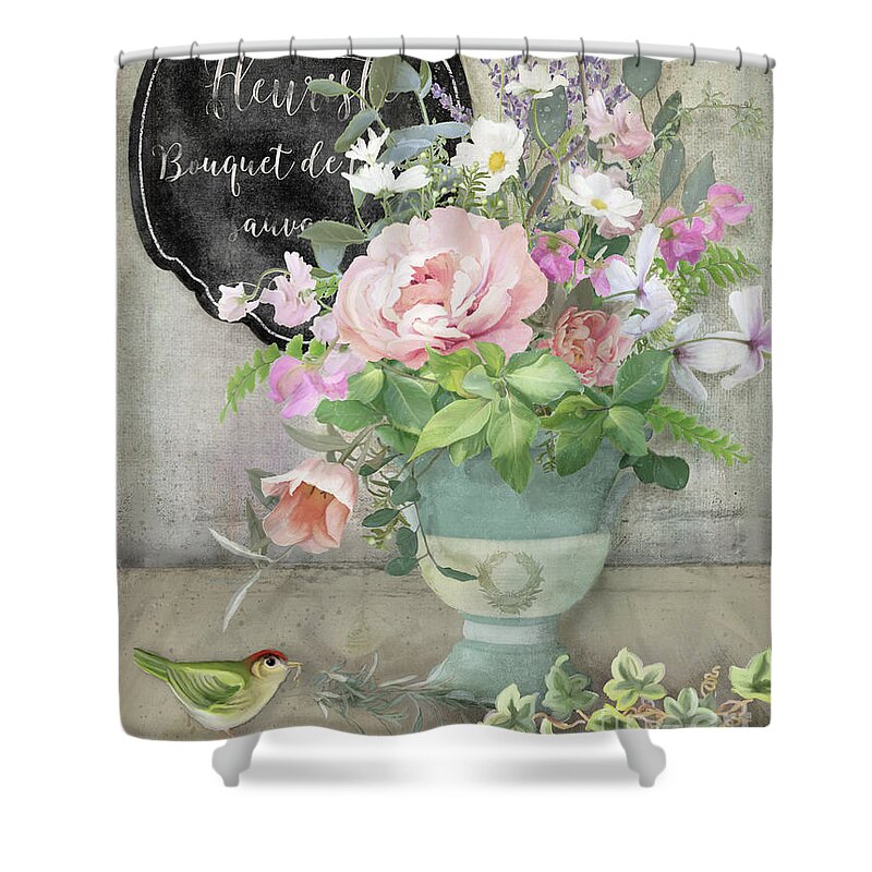 Marche Aux Fleurs Shower Curtain featuring the painting Marche aux Fleurs 3 Peony Tulips Sweet Peas Lavender and Bird by Audrey Jeanne Roberts