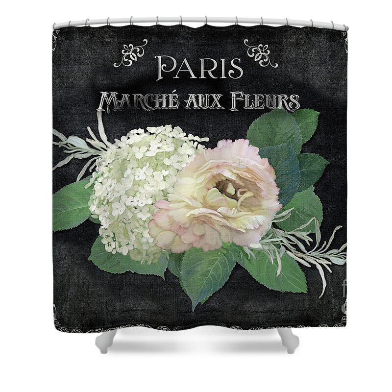 Vintage Shower Curtain featuring the painting Marche aux Fleurs 4 Vintage Style Typography Art by Audrey Jeanne Roberts