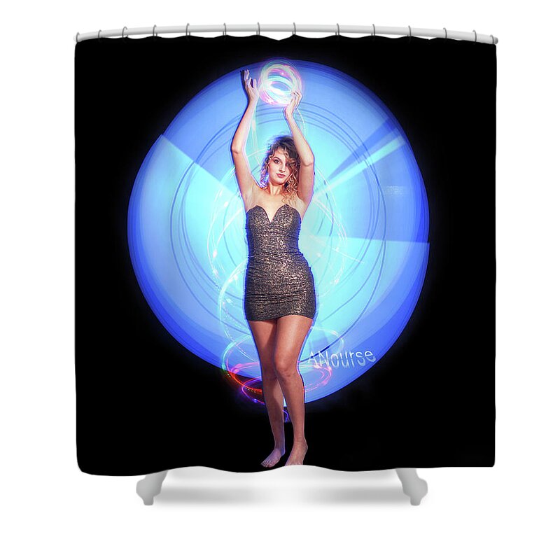 Lightpainting Shower Curtain featuring the photograph Maria bringing magic to the night. by Andrew Nourse