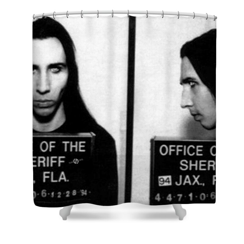 Marilyn Manson Shower Curtain featuring the photograph Marilyn Manson Mug Shot Horizontal by Tony Rubino