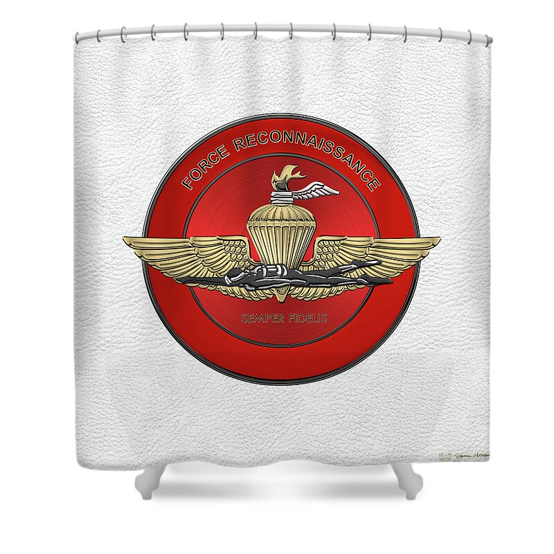 'military Insignia & Heraldry' Collection By Serge Averbukh Shower Curtain featuring the digital art Marine Force Reconnaissance - U S M C  F O R E C O N Insignia over White Leather by Serge Averbukh