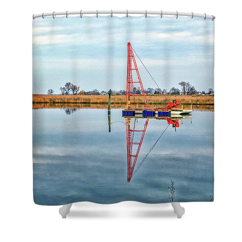 Marine Pile Driver Shower Curtain featuring the photograph Marine Pile Driver on Kent Island by Bill Swartwout