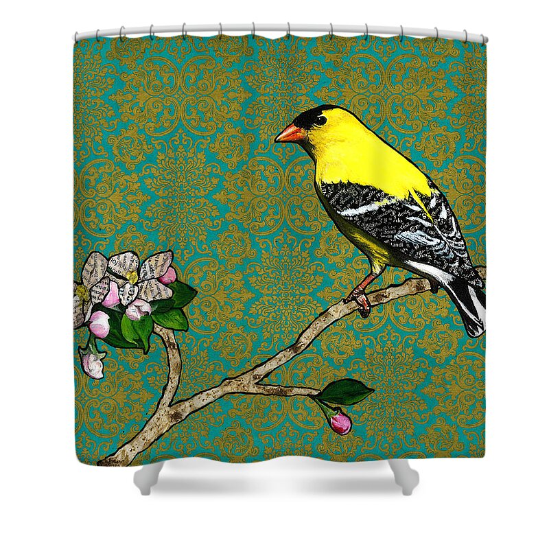 Goldfinch Shower Curtain featuring the mixed media Mark by Jacqueline Bevan