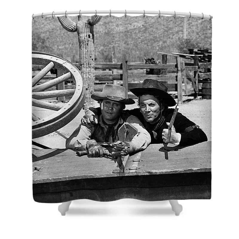 Mark Slade And Cameron Mitchell The High Chaparral Set Old Tucson Arizona 1969 Shower Curtain featuring the photograph Mark Slade and Cameron Mitchell The High Chaparral set Old Tucson Arizona 1969 by David Lee Guss