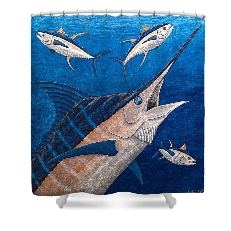 Marlin Shower Curtain featuring the painting Marlin and Ahi by Carol Lynne