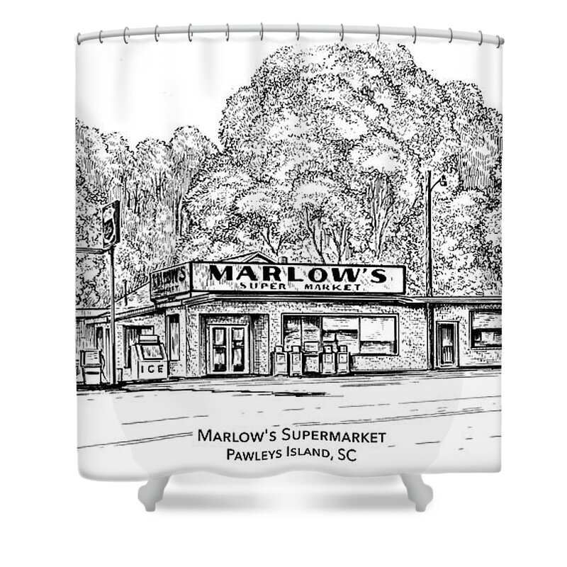 Marlow's Supermarket Shower Curtain featuring the drawing Marlows Market by Greg Joens