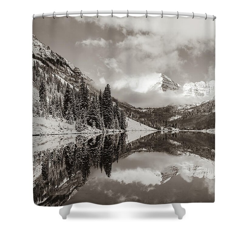 Mountain Landscape Shower Curtain featuring the photograph Maroon Bells Peaks and Mountain Landscape Reflections - Sepia by Gregory Ballos