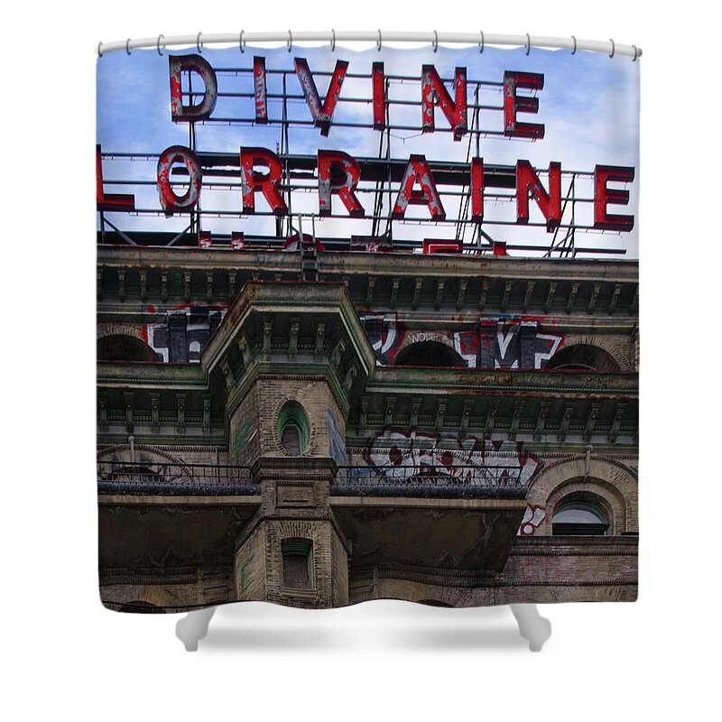 Marquee Shower Curtain featuring the photograph Marquee - Divine Lorraine Hotel - Philadelphia by Bill Cannon