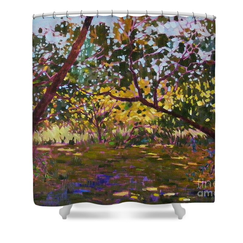 California Landscape Shower Curtain featuring the painting Marsh land by Celine K Yong