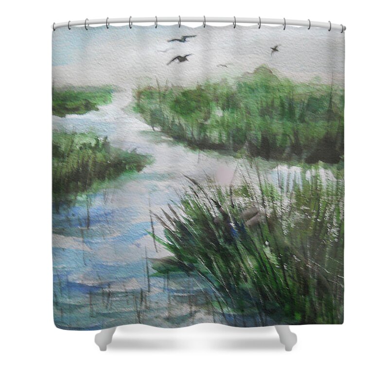 Marsh Lands Shower Curtain featuring the painting Marsh by Olga Kaczmar