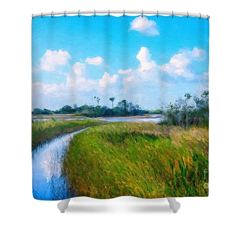 Marsh Shower Curtain featuring the painting Marsh Trail by Tammy Lee Bradley