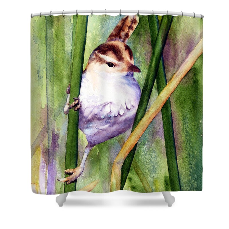 Bird Shower Curtain featuring the painting Silver Creek Marsh Wren by Marsha Karle