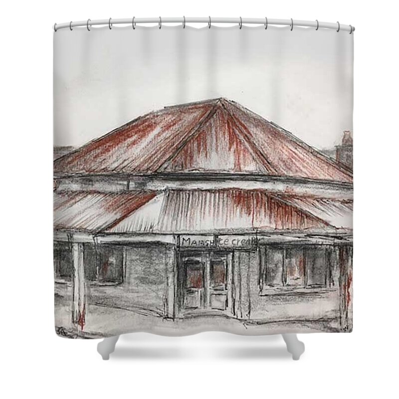 Corner Store Shower Curtain featuring the drawing Marsh's Corner Store by Ryn Shell