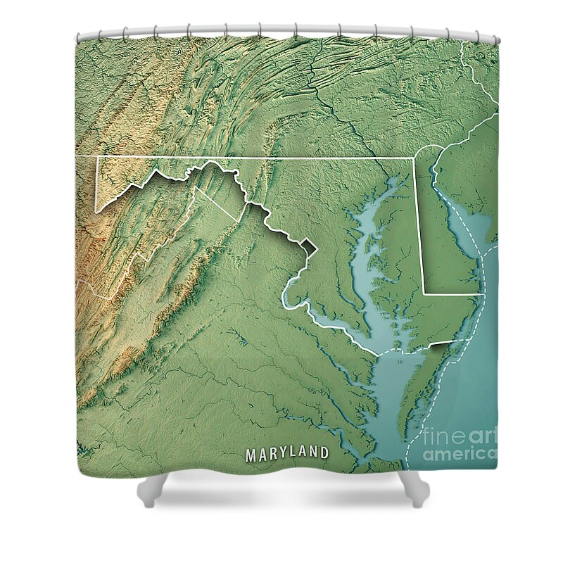 Maryland Shower Curtain featuring the digital art Maryland State USA 3D Render Topographic Map Border by Frank Ramspott