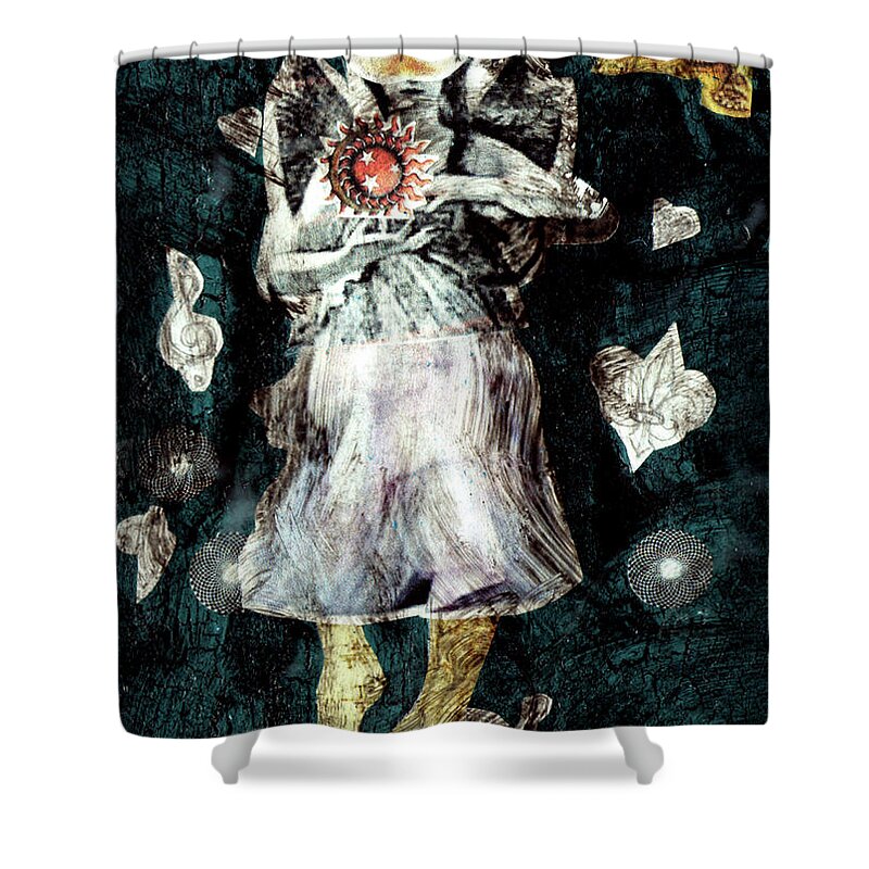 Angel Shower Curtain featuring the painting Masked Angel Holding The Sun by Genevieve Esson