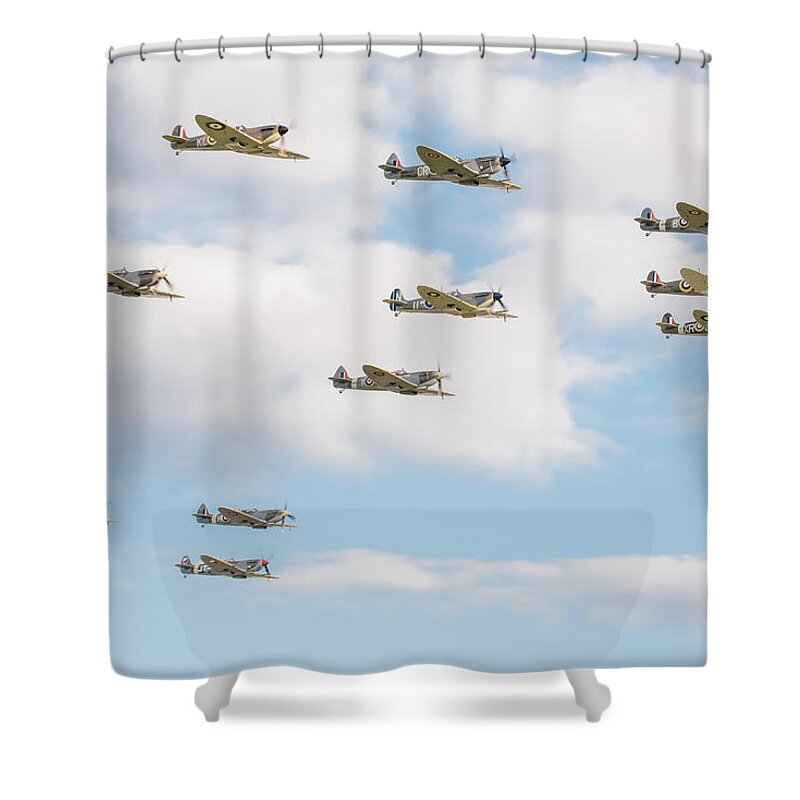 Duxford Battle Of Britain Airshow 2015 Shower Curtain featuring the photograph Massed Spitfires by Gary Eason