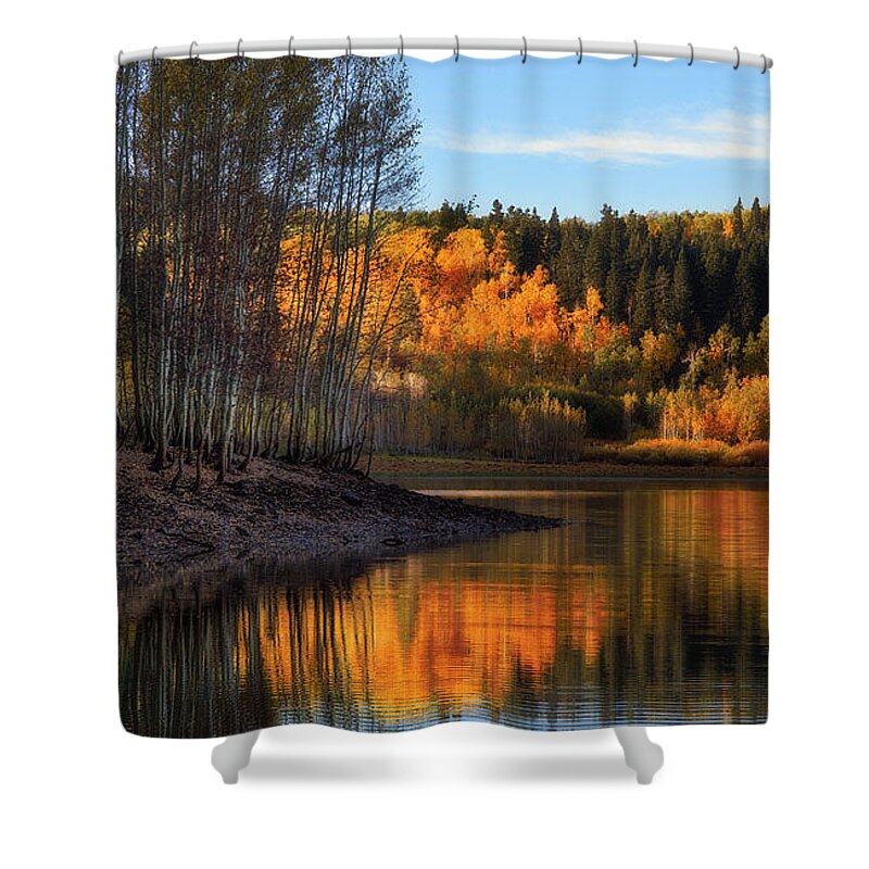Autumn Colors Surround Mcclellan Lake Near Mt. Nebo In The Wasatch Mountains Shower Curtain featuring the photograph McClellan Lake by Douglas Pulsipher