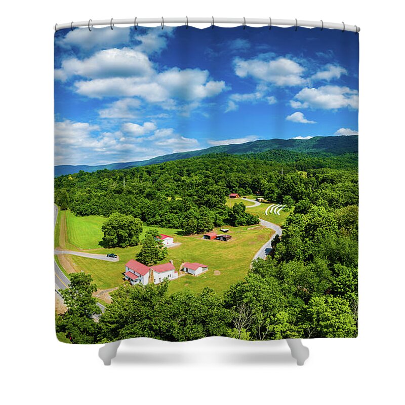 Aerial Shower Curtain featuring the photograph McGhee Farm Panoramic by Joe Shrader