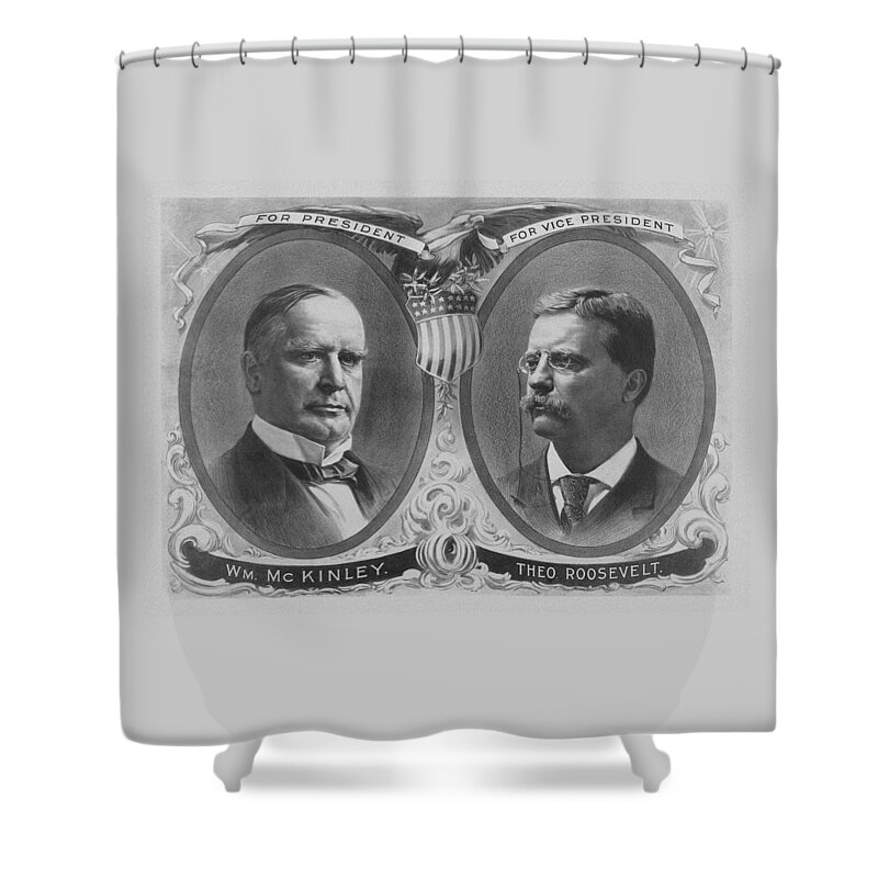 Teddy Roosevelt Shower Curtain featuring the mixed media McKinley and Roosevelt Election Poster by War Is Hell Store