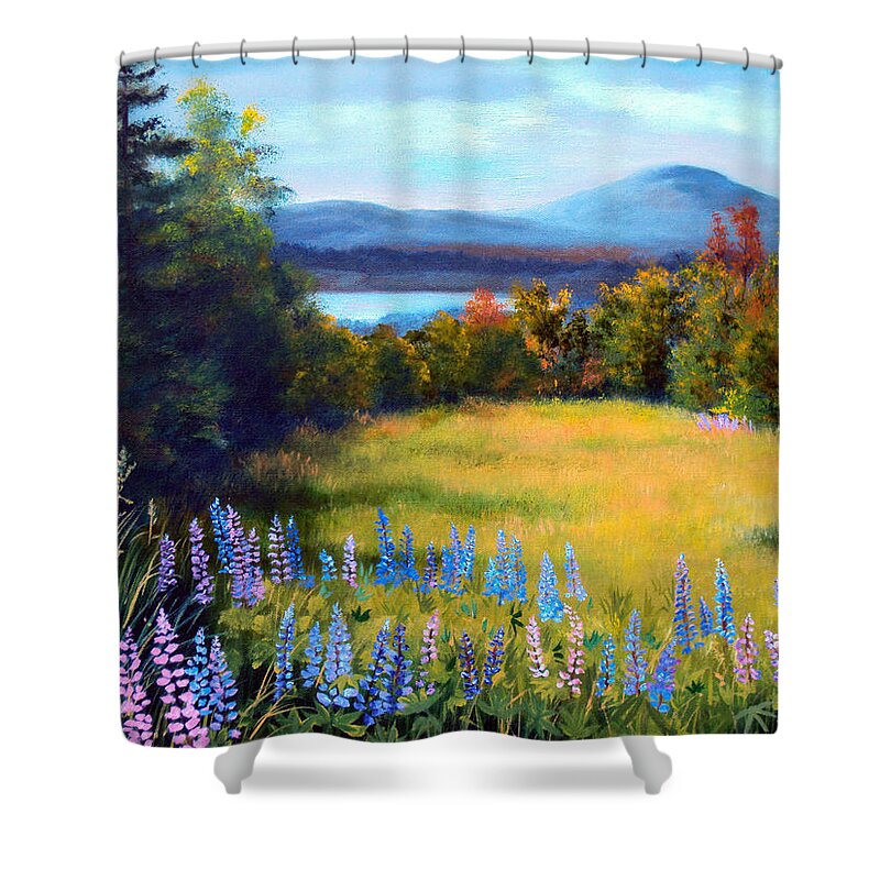 Spring Lupine Adorn The Edge Of This Hilltop Meadow Overlooking Mountains And Lakes Of Northern Maine. Shower Curtain featuring the painting Meadow Lupine II by Laura Tasheiko