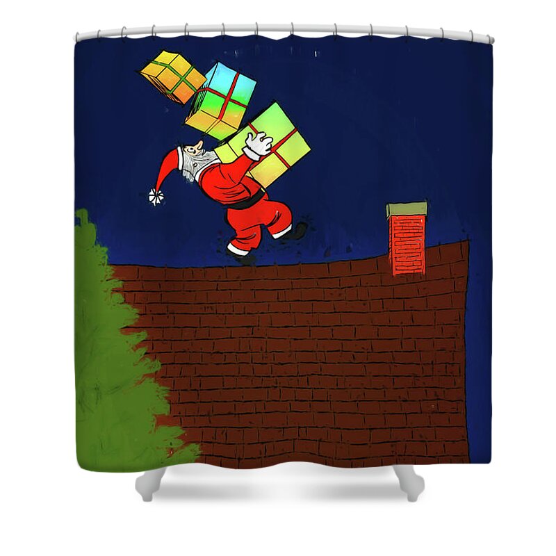 Christmas Shower Curtain featuring the digital art Meanwhile Up on the Housetop by John Haldane