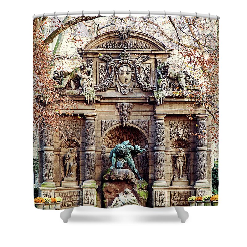 Medici Fountain In Autumn Shower Curtain featuring the photograph Medici Fountain in Autumn - Paris, France by Melanie Alexandra Price