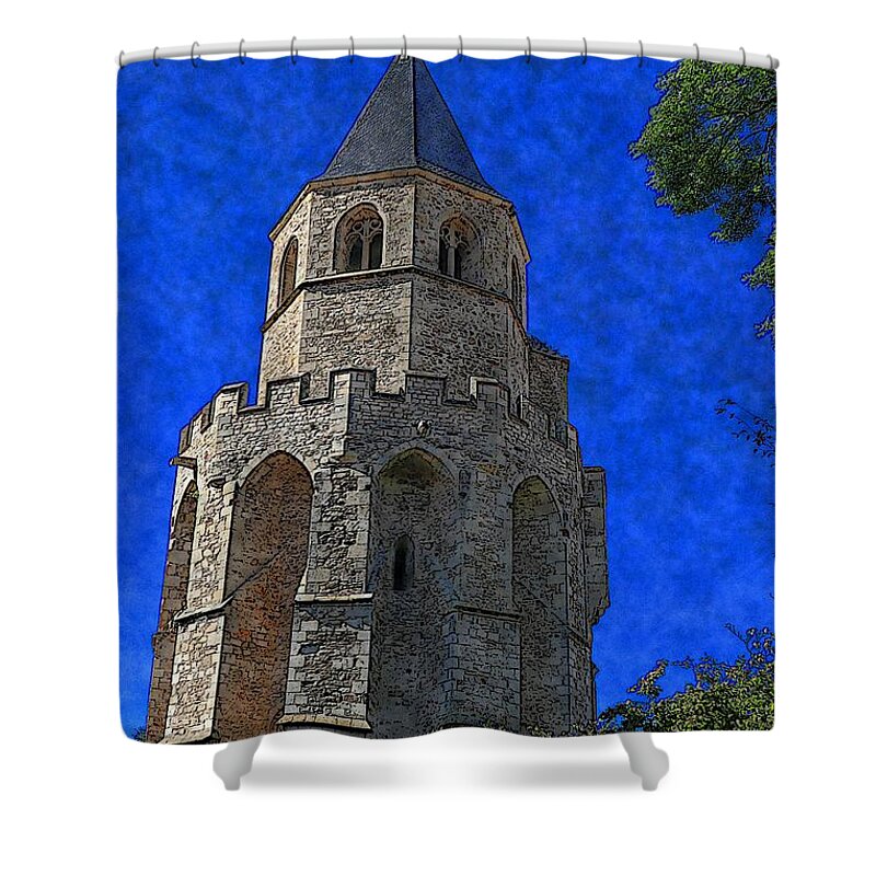 Angel Shower Curtain featuring the digital art Medieval Bell Tower 2 by Jean Bernard Roussilhe
