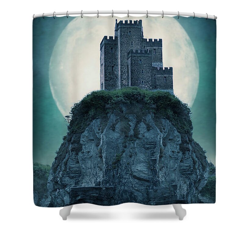 Castle Shower Curtain featuring the photograph Medieval Castle On A Cliff With Full Moon by Lee Avison