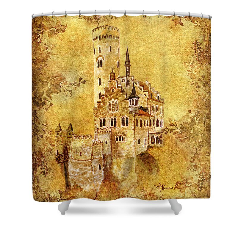 Castles Shower Curtain featuring the painting Medieval Golden Castle by Angeles M Pomata