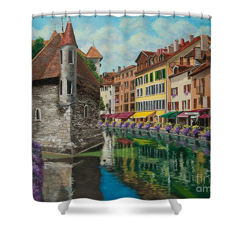 Annecy France Art Shower Curtain featuring the painting Medieval Jail in Annecy by Charlotte Blanchard