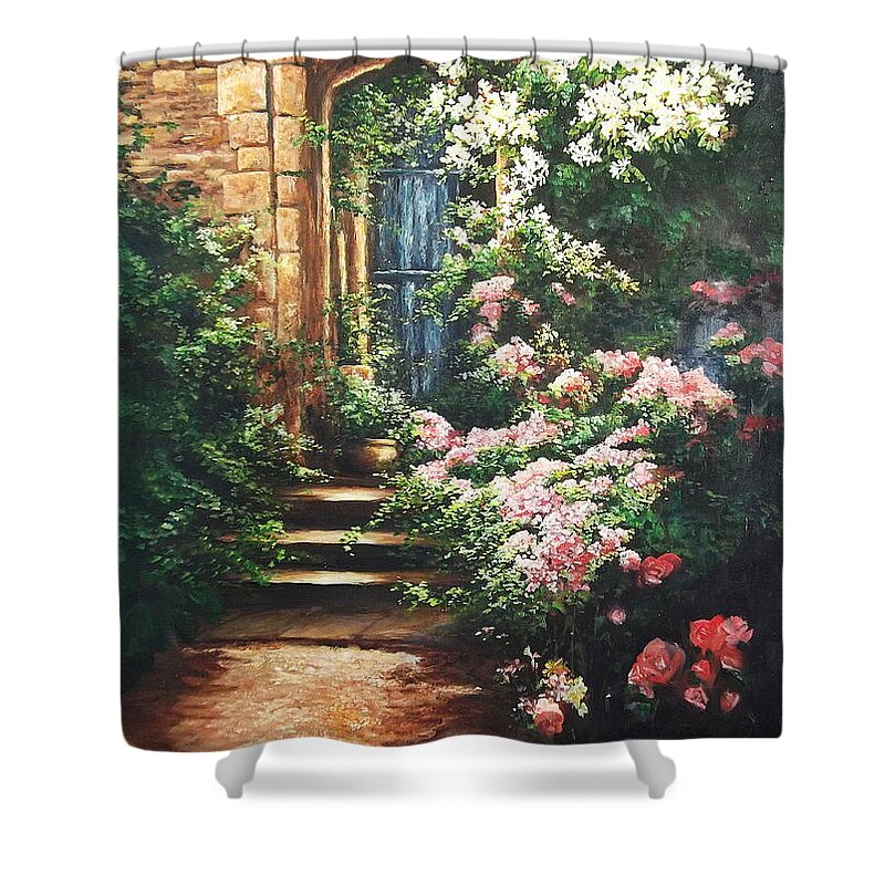 Stone Archway Shower Curtain featuring the painting Medieval Stone Archway by Lizzy Forrester