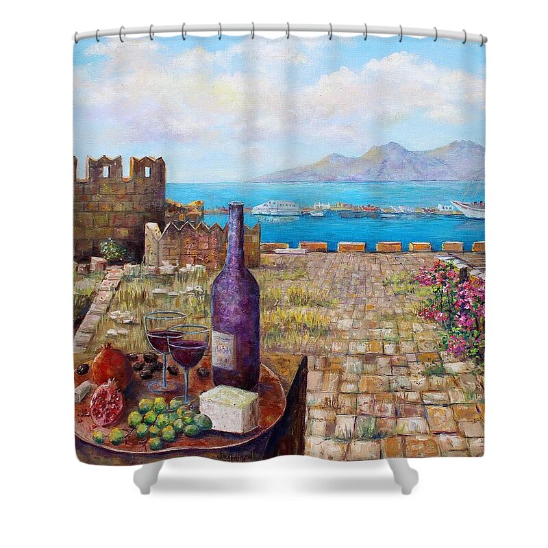 Island Shower Curtain featuring the painting Mediterranean Picnic Kos Greece by Lou Ann Bagnall