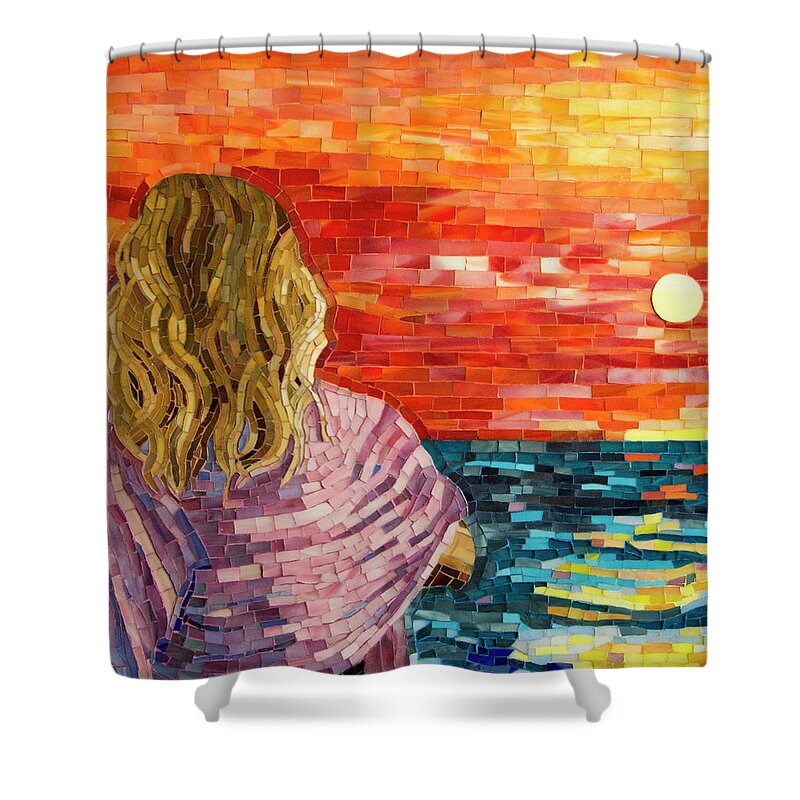 Mediterranean Shower Curtain featuring the mixed media Mediterranean Sunset detail by Adriana Zoon