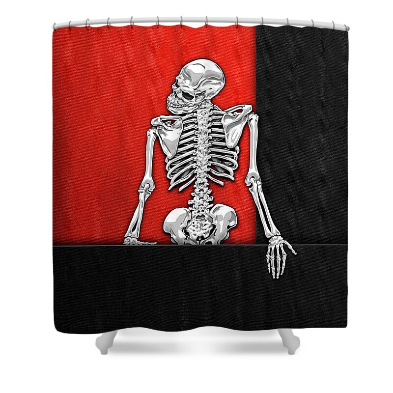 'visual Art Pop' Collection By Serge Averbukh Shower Curtain featuring the digital art Memento Mori - Silver Human Skeleton on Black and Red Canvas by Serge Averbukh